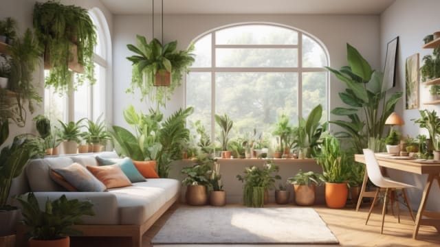 A neatly organized small living space with vibrant plants and natural light.