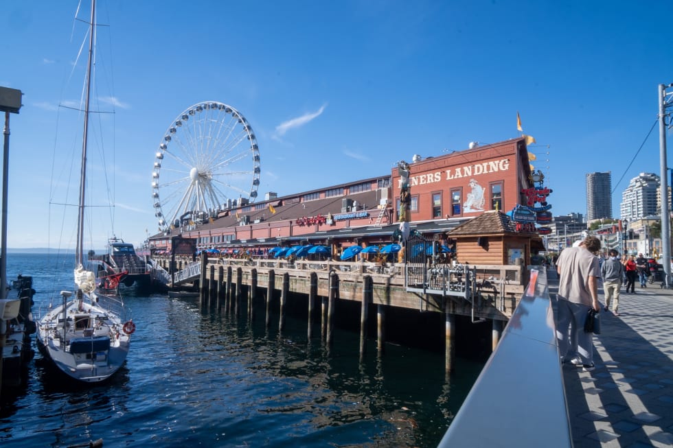 Horizontal view of the Seattle's famous Pier 57 - Miners Landing. Dining and entertain destination on the waterfront.