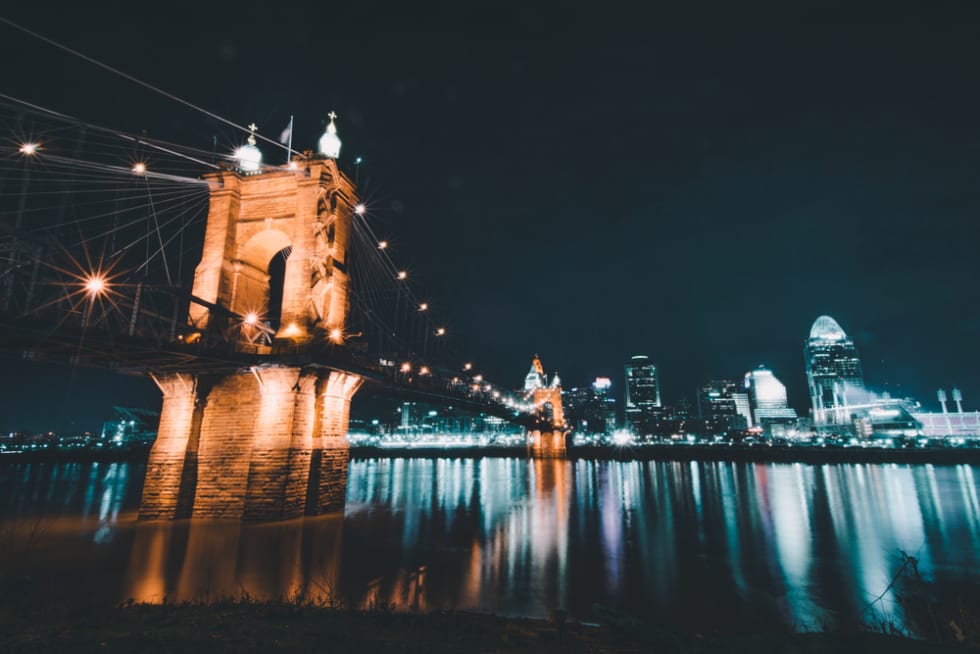 John A Roebling Suspension Bridge in Cincinatti, OH