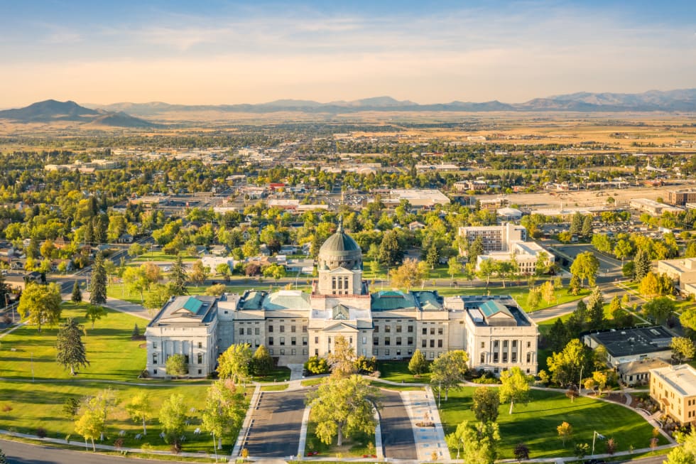 Drone view of the Montana State Capitol, in Helena, on a sunny afternoon - best places to live in montana - apartment list