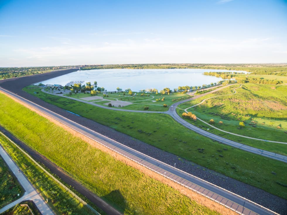 Aerial view of Cherry Creek Reservoir in Denver, Colorado.