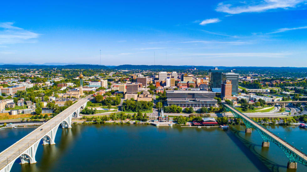 Downtown Knoxville Tennessee Drone Skyline Aerial along the Tennessee River