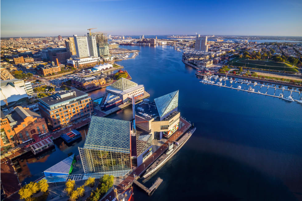 View of Inner Harbor area in downtown Baltimore Maryland USA