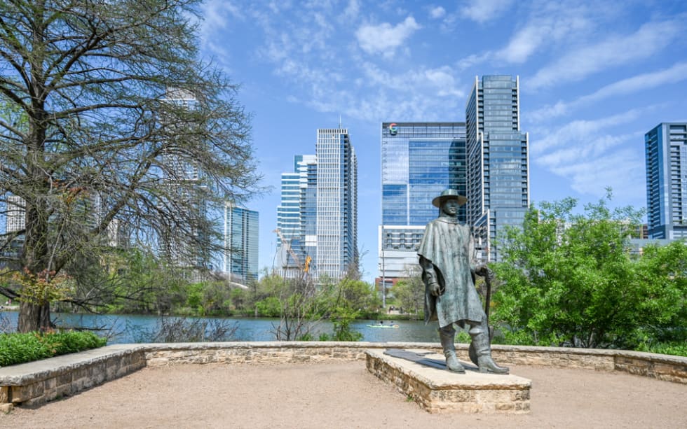  Sculpture of Stevie Ray Vaughan at Auditorium Shores in Town Lake Metropolitan Park. He was a Texas blues guitar legend.