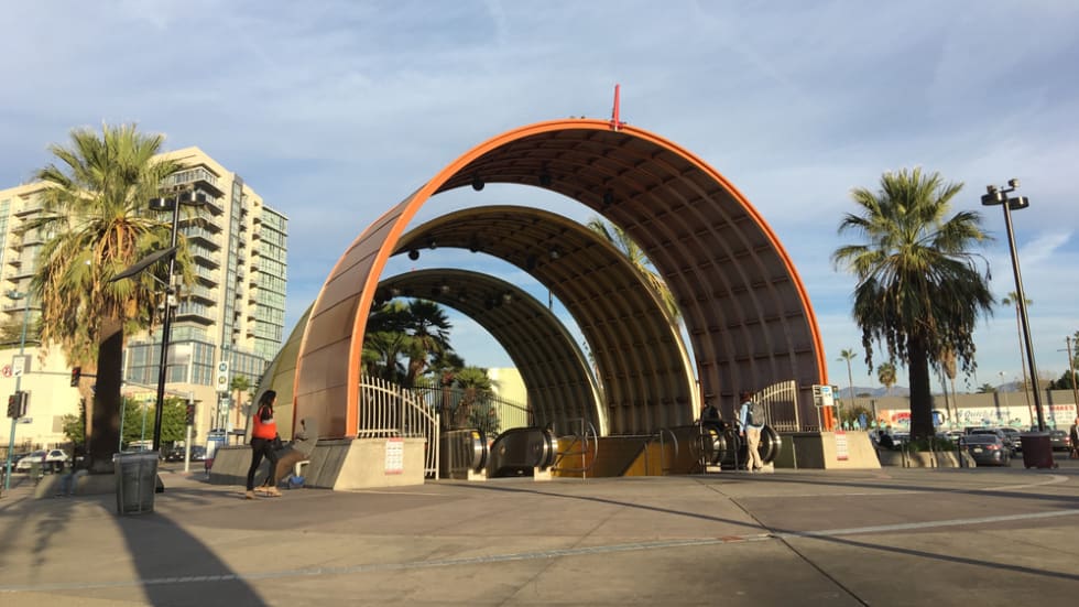 early morning view of distinctive colorful, concentric arches mark entrance to the North Hollywood LA Metro station, where the Red Line subway terminates