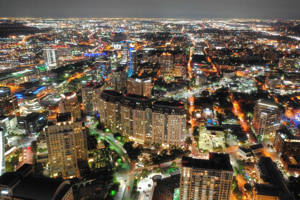 aerial view of uptown Dallas Texas at night