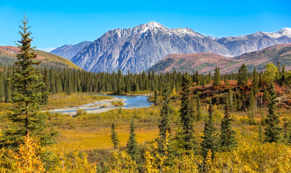 Scenic fall landscape with snow-capped mountains in Denali National Park, Alaska