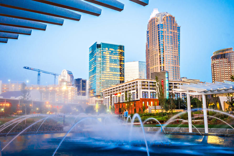 Charlotte, NC buildings and water fountain 