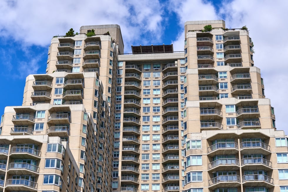 Looking up at the balconies of View 34 (1985) a 35-story rental building at 34th St and the East River in the Murray Hill section of NYC - best neighborhoods in new york