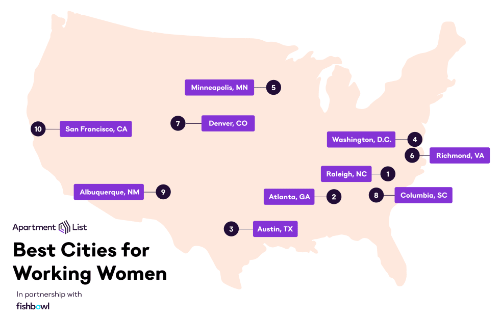 Best Cities for Working Women map