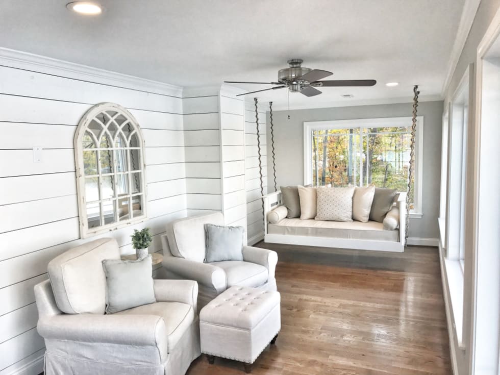 lake house sunroom with shiplap