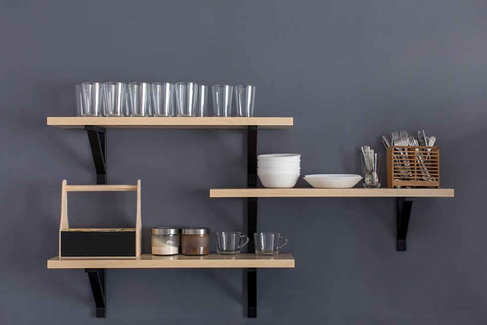 glassware and plates on shelves