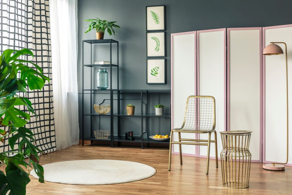 A metal chair standing in front of a screen and black shelves, next to a lamp and a round rug in a botanic room interior