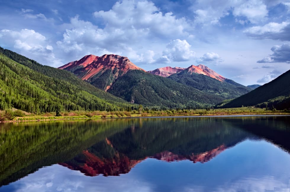 Colorado Mountains San Juan Skyway, Adventure On Red Iron Peaks Reflecting In A Crystal Clear High Mountain Trout Lake