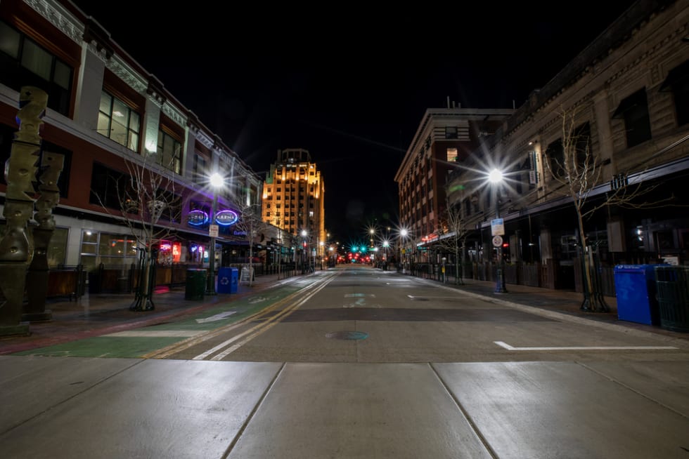  First Friday night in Downtown Boise under the quarantine. Empty Streets and closed restaurants.