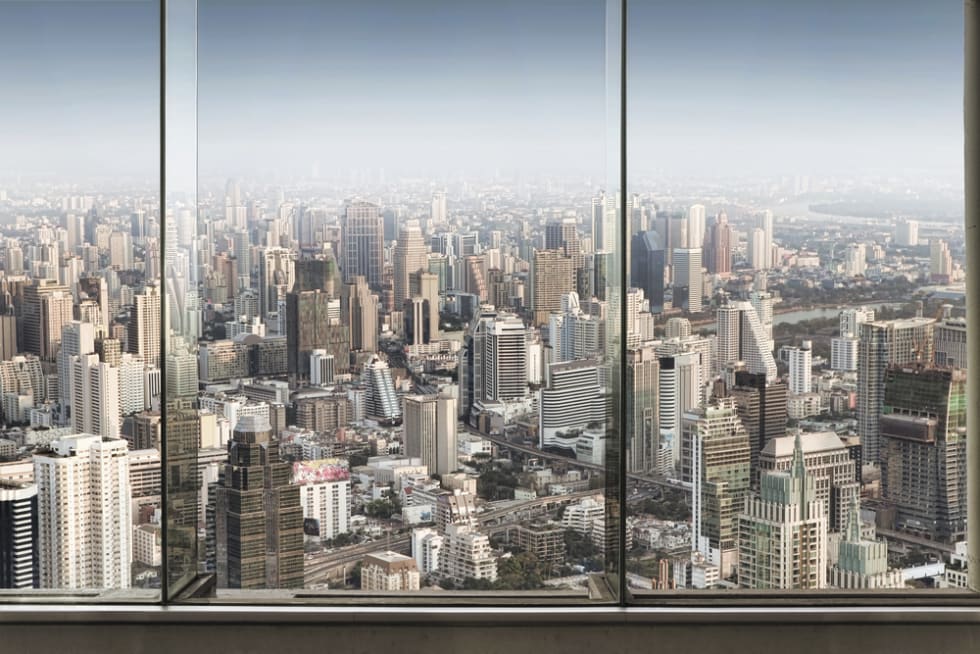 panoramic view of window and nice big city