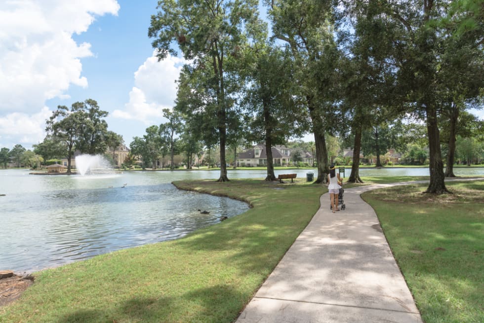 Rear view portrait of young Asian mother pushing baby stroller in shady path, walking pathway by the lake in Houston, Texas