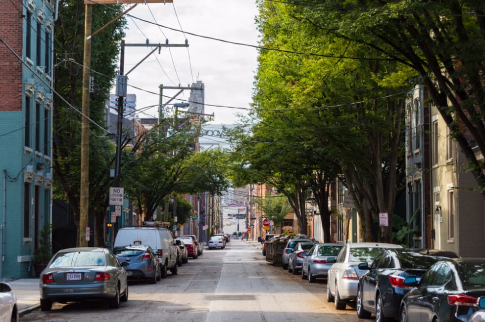 Street view of an older section of Cincinnati known as Over-the-Rhine