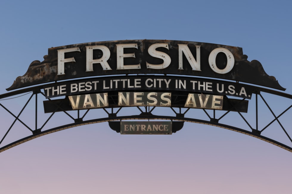 Fresno Best Little City in the U.S.A. sign on Van Ness Avenue