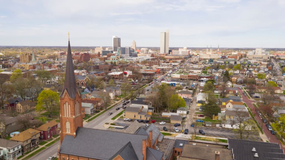  Aerial View Over The Urban City Center Skyline in Fort Wayne Indiana