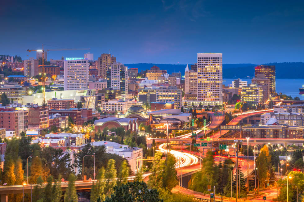 Downtown Tacoma, WA at dusk