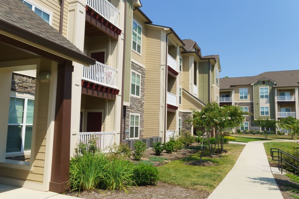 Apartment complex building in suburban area