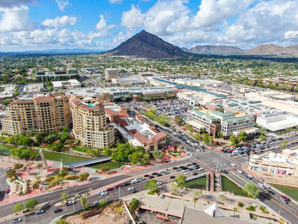 Aerial view of mega shopping mall in Scottsdale, a desert city in Arizona east of state capital Phoenix