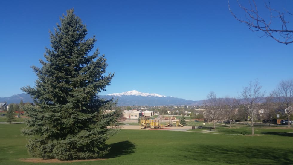 Pikes Peak is visible from a city park in the Briargate Neighborhood.