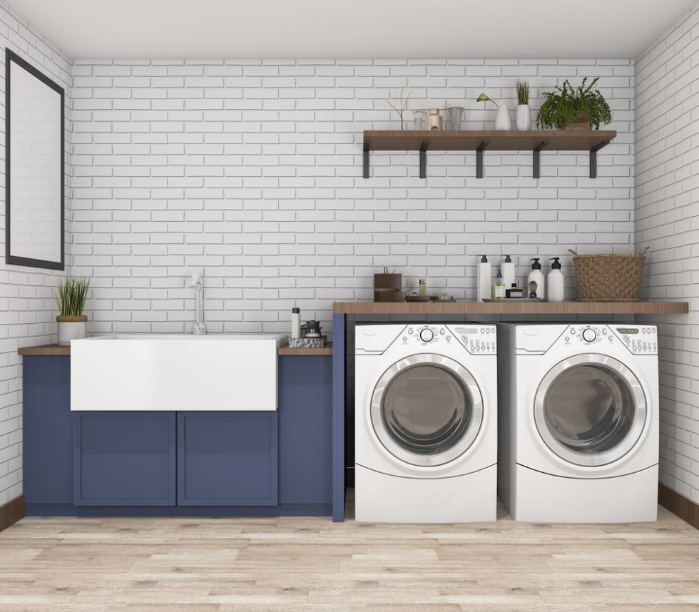Laundry room with white brick wallpaper