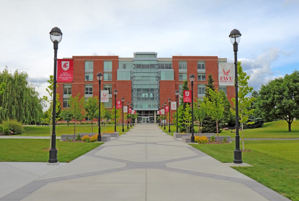  The Academic Center building on the urban campus of Washington State University Health Sciences Spokane, which offers many degrees in health