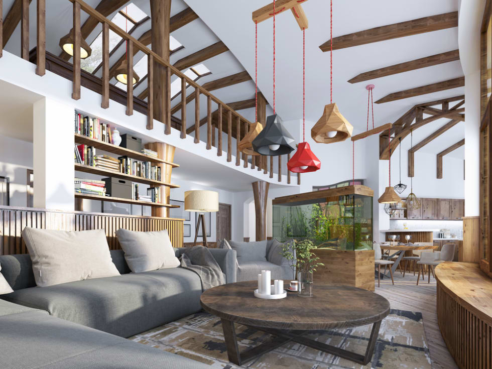 Interior living-room, loft style. Maisonette a modern residential with a billiard room in the big house. Aquarium and stylized shelving for books. 3D render