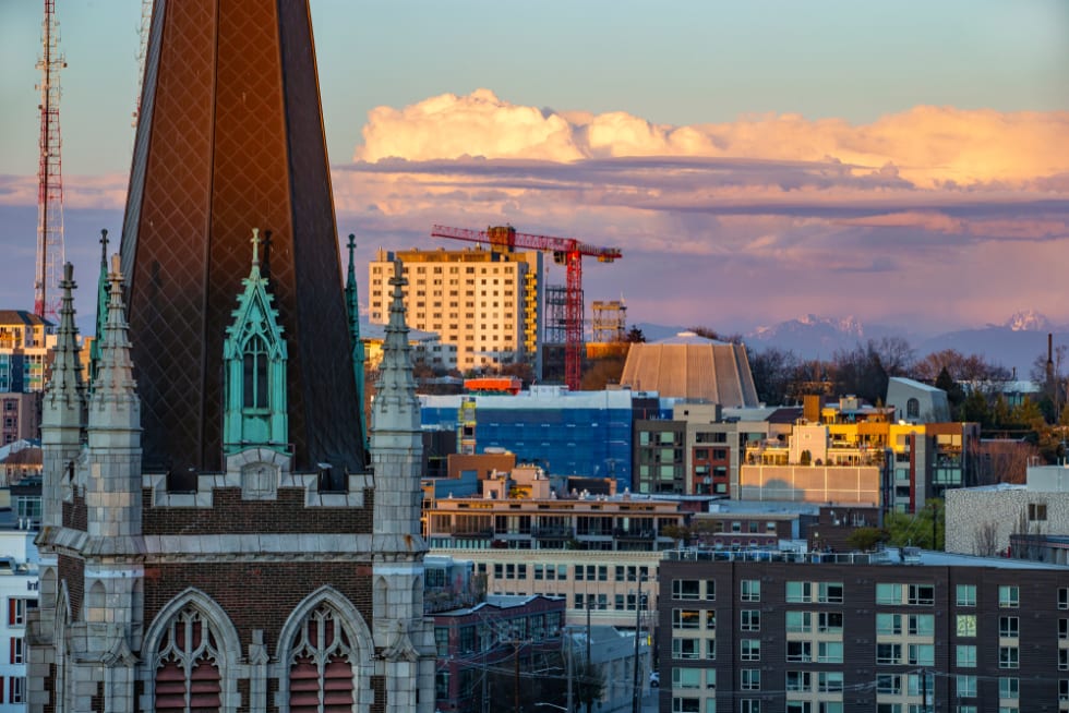 Church in First Hill neighborhood of Seattle in sunset light