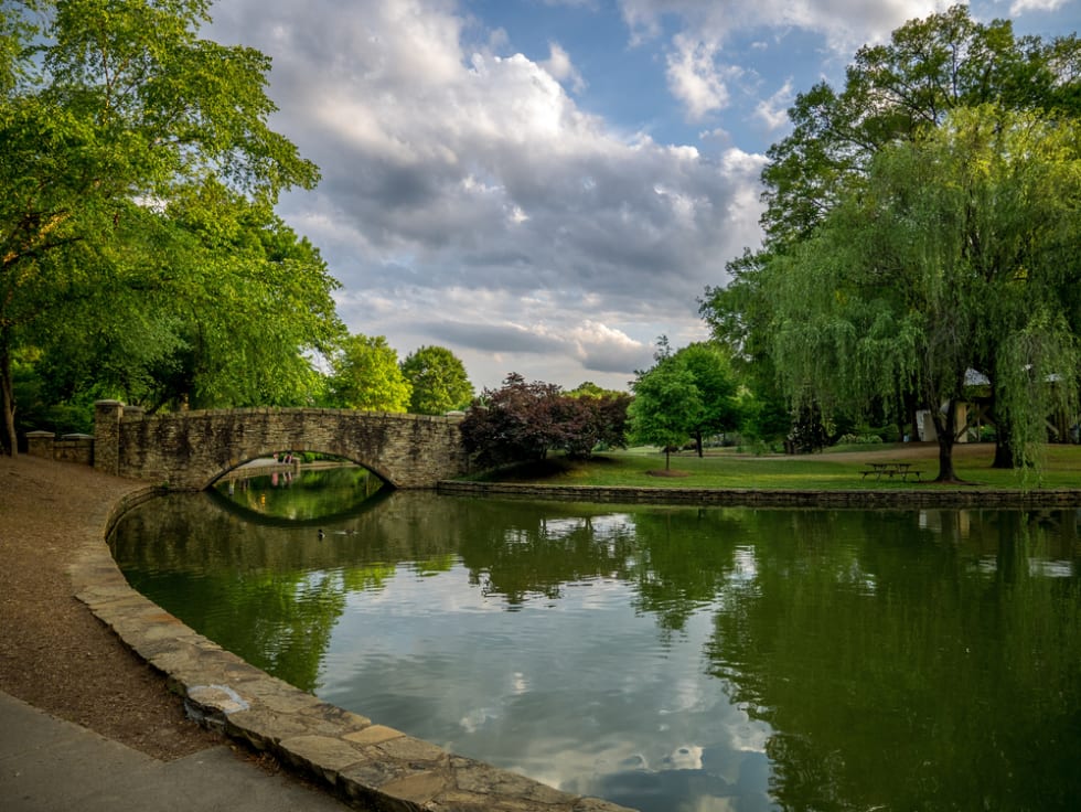 Stone Bridge and Lake at Freedom Park in Charlotte, NC