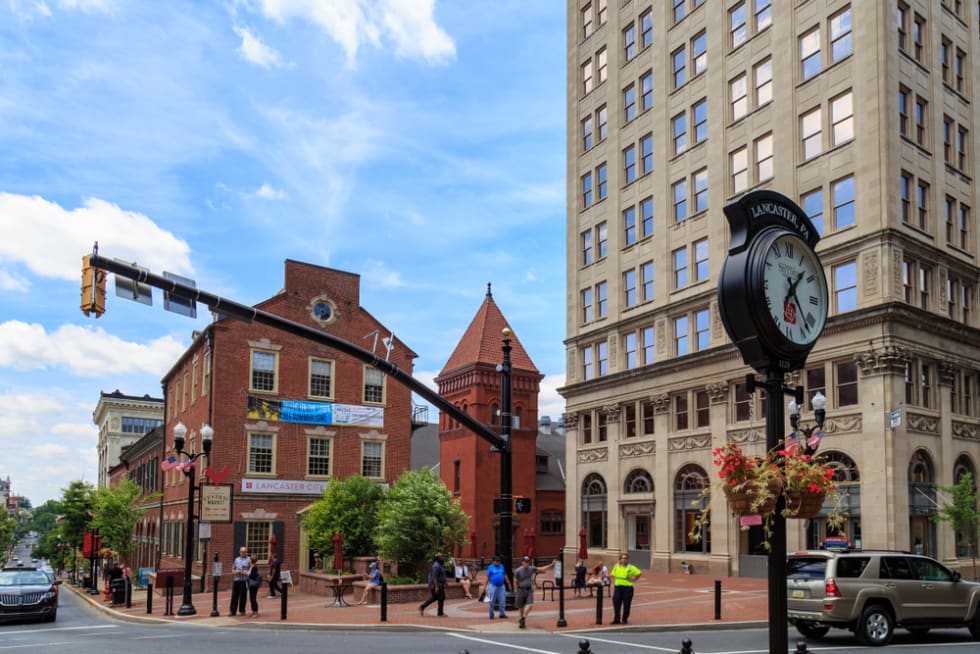 Lancaster, PA, USA - June 25, 2018: Penn Square in the downtown area of the city.