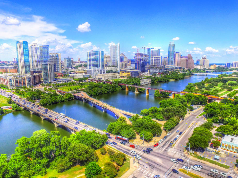 Austin Texas Skyline Cityscape Bridges Over Ladybird Lake