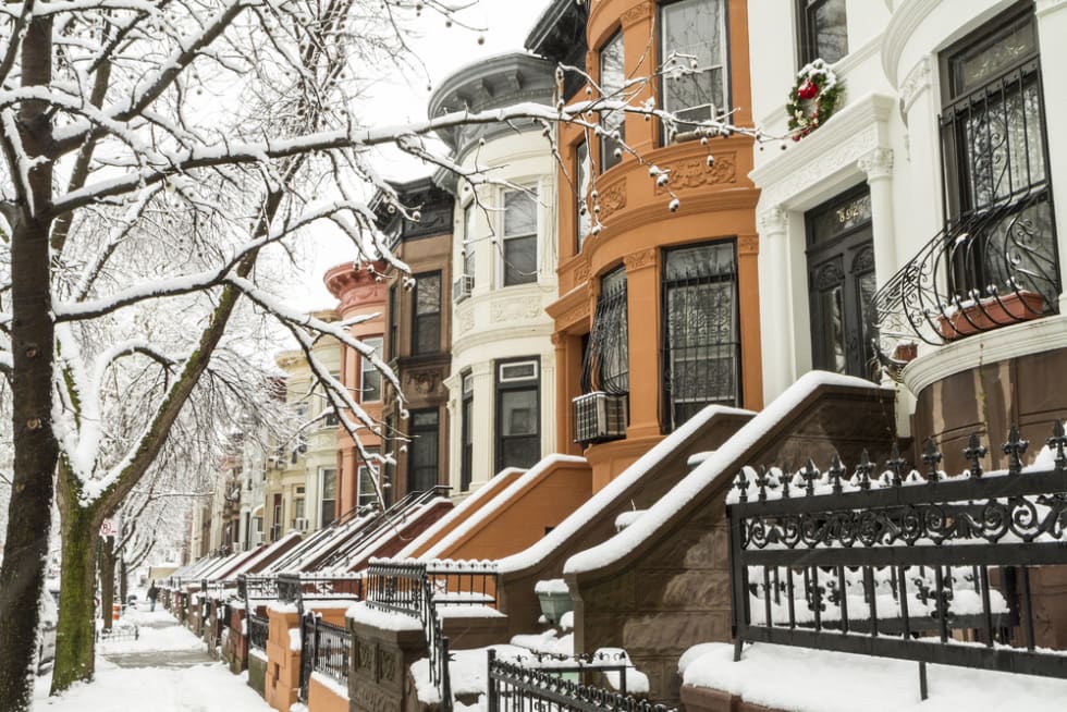 Snow-covered brownstones in Crown Heights