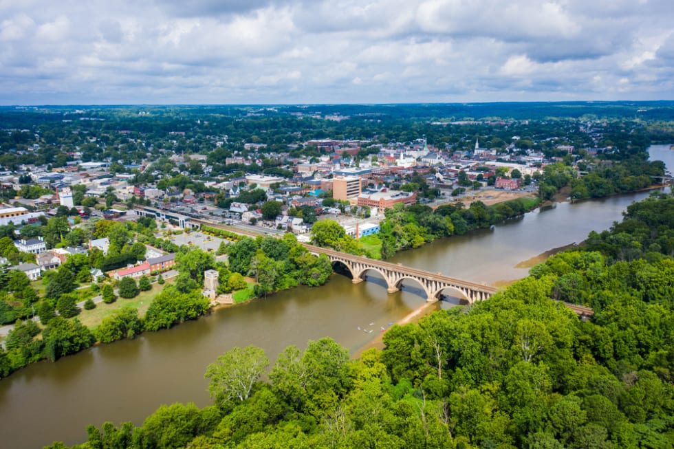 Aerial View of the James River flowing by the hill that holds lynchburg Virginia