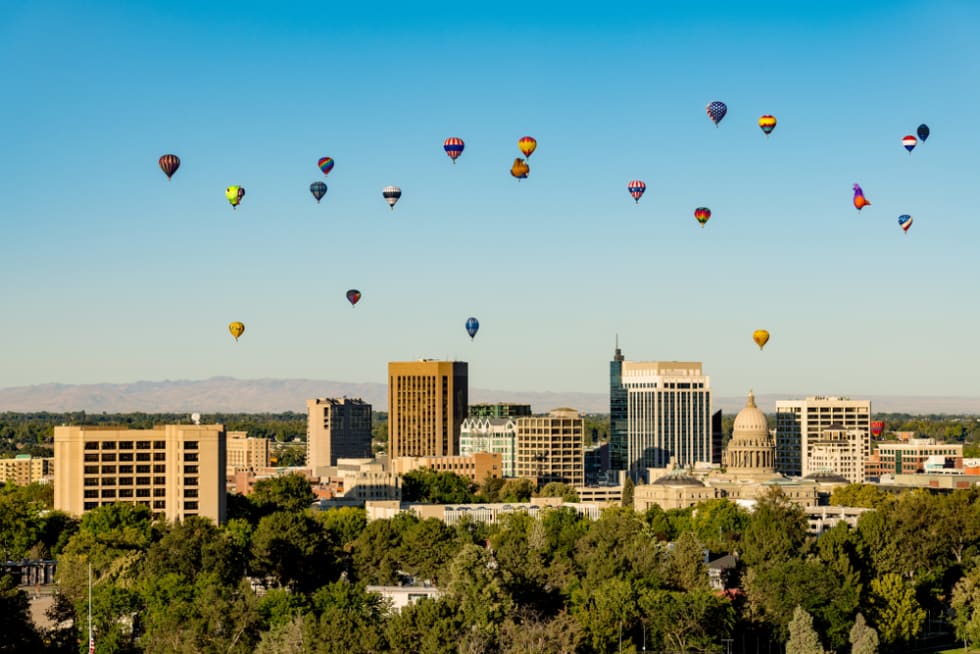  Colorful ballons in a blue sky over the little city of Boise Idaho