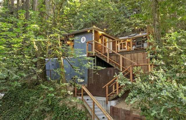 Fully furnished hillside 2 bedroom., 2 bath home among Redwood and Pine Trees, large covered porch, modern interior, deck