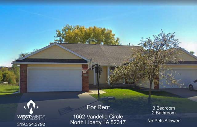 $1,800 | 3 Bedroom, 2 Bathroom Duplex | No Pets | Available for an August 1st, 2024 Move In! - 1662 Vandello Circle, North Liberty, IA 52317