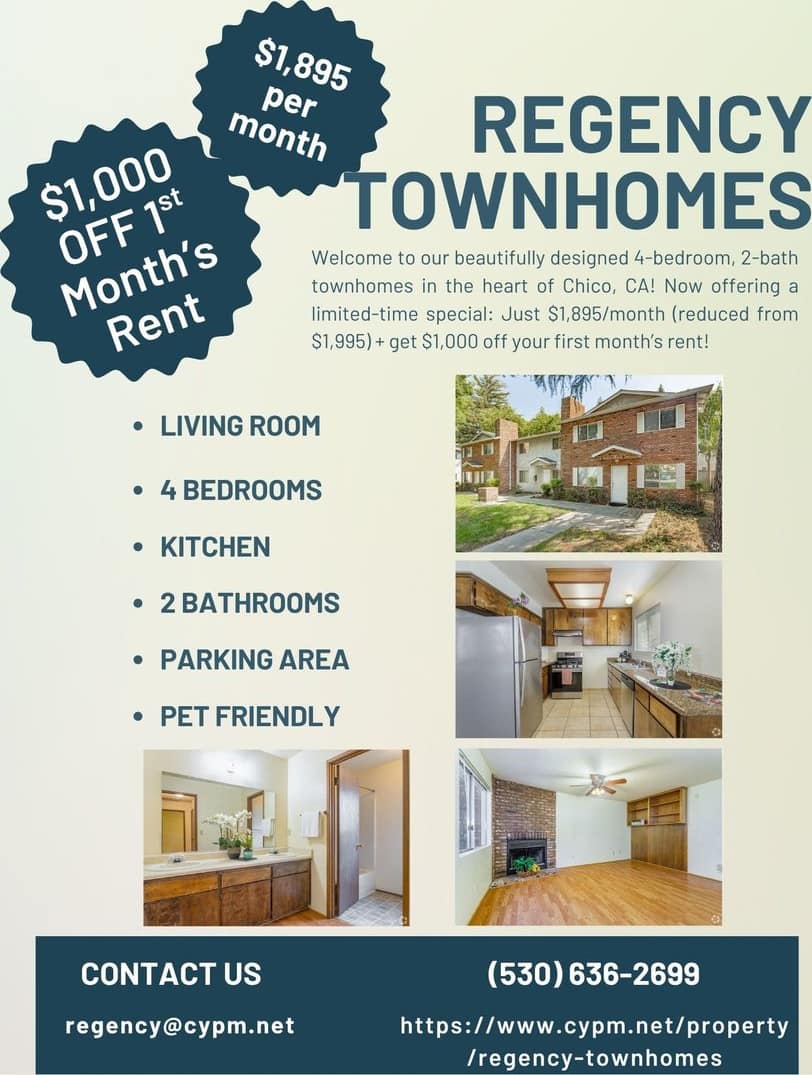 Spacious 4 Bedroom Townhomes in Chico – $1,000 Off First Month + Reduced Rent!