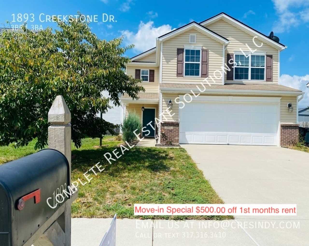 Move-in Special for this 3 BR, 2.5BA home located at 1893 Creekstone Dr., Columbus, IN