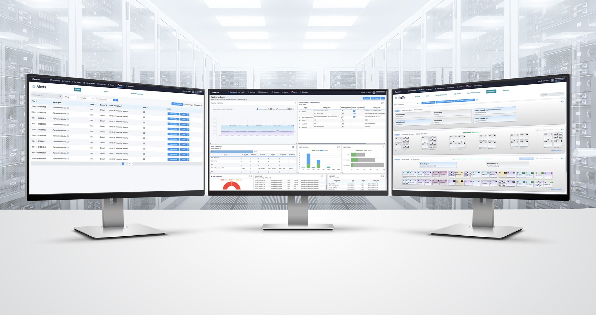 A screenshot of the IntellaView user interface showing network monitoring dashboards and configuration options.