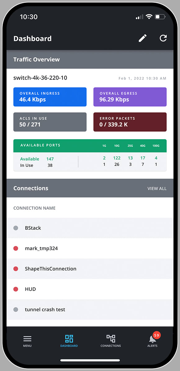 The IntellaView Mobile UI displaying the dashboard page.