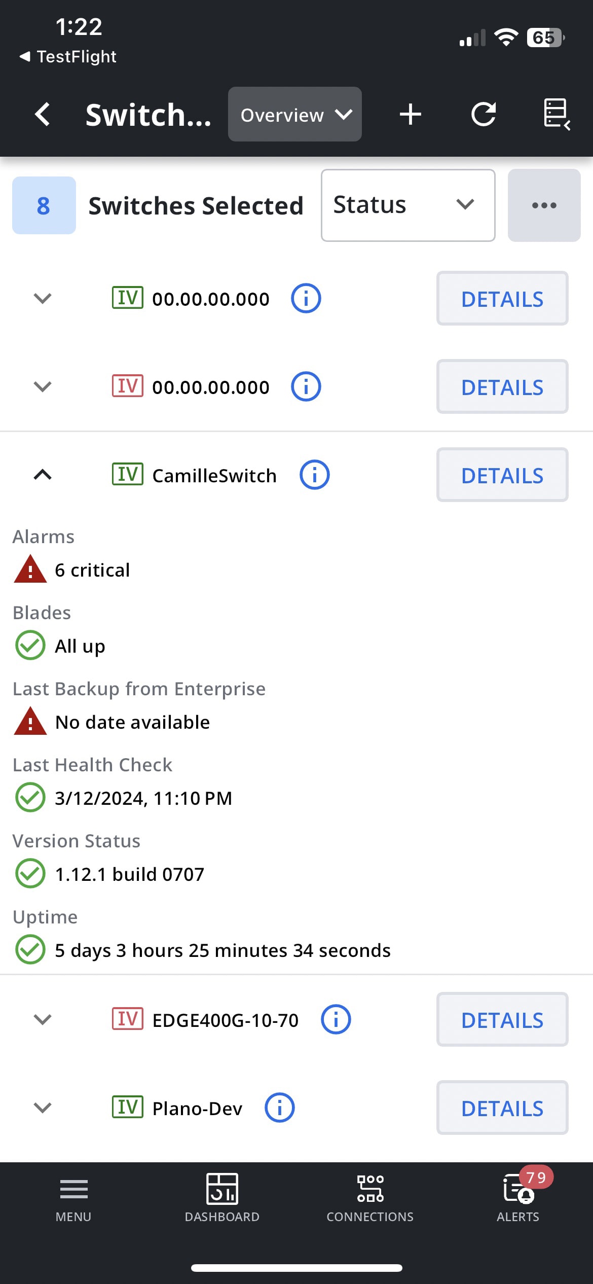 An image of the IntellaView mobile switch details screen.