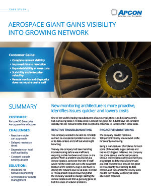 The first page of a .pdf document with the title 'Aerospace Giant Gains Visibility Into Growing Network.'