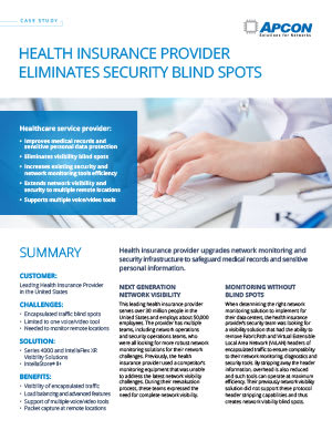 The first page of a .pdf document with the title 'Healthcare Insurance Provider Eliminates Security Blind Spots.'