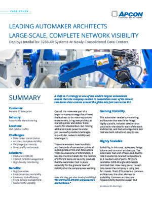 The first page of a .pdf document with the title 'Leading Automaker Architects Large-Scale, Complete Network Visibility.'