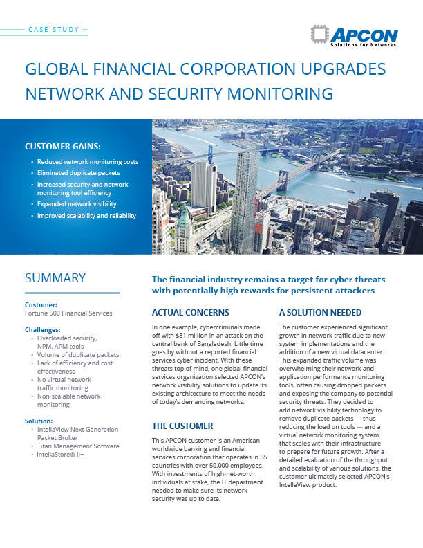 The first page of a .pdf document with the title 'Global Financial Corporation Upgrades Network and Security Monitoring.'