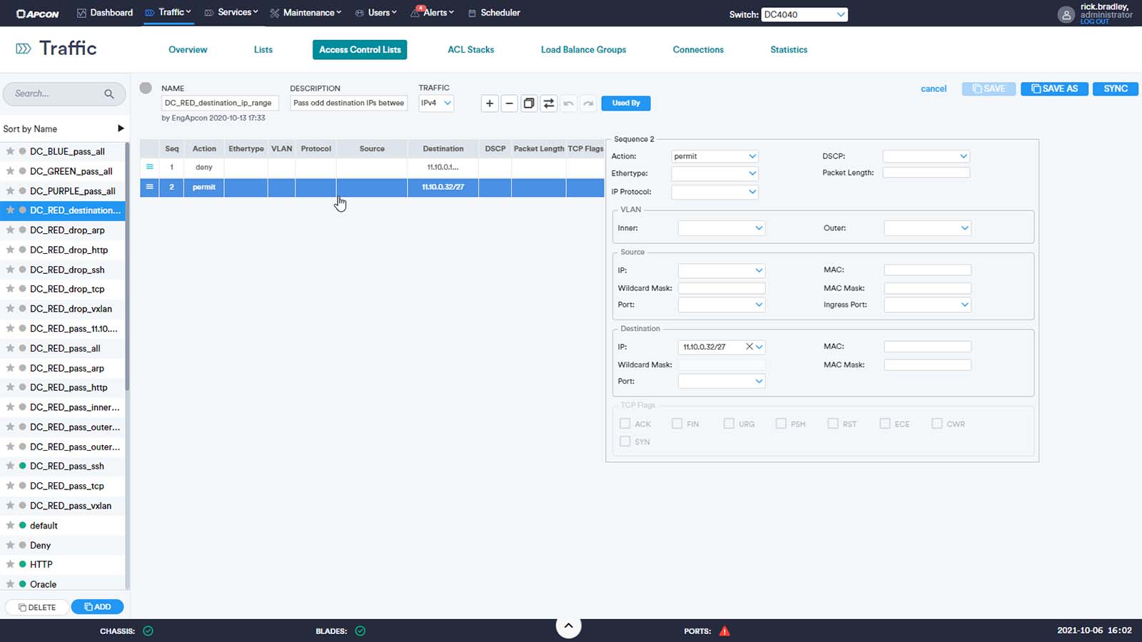 The IntellaView ACL Filtering screen.